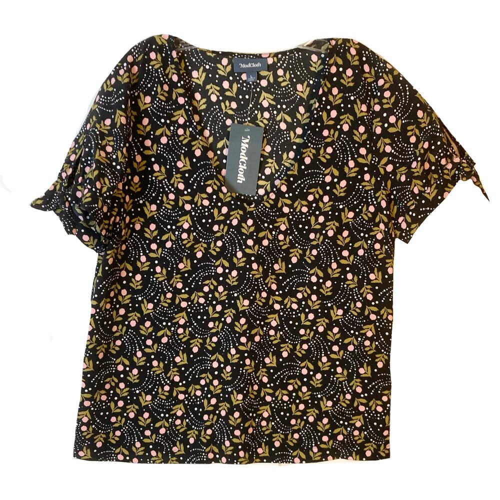 NWT MODCLOTH Top Blouse L Floral Black Pink Yellow Bow Cut-Out Short-Slv V-Neck